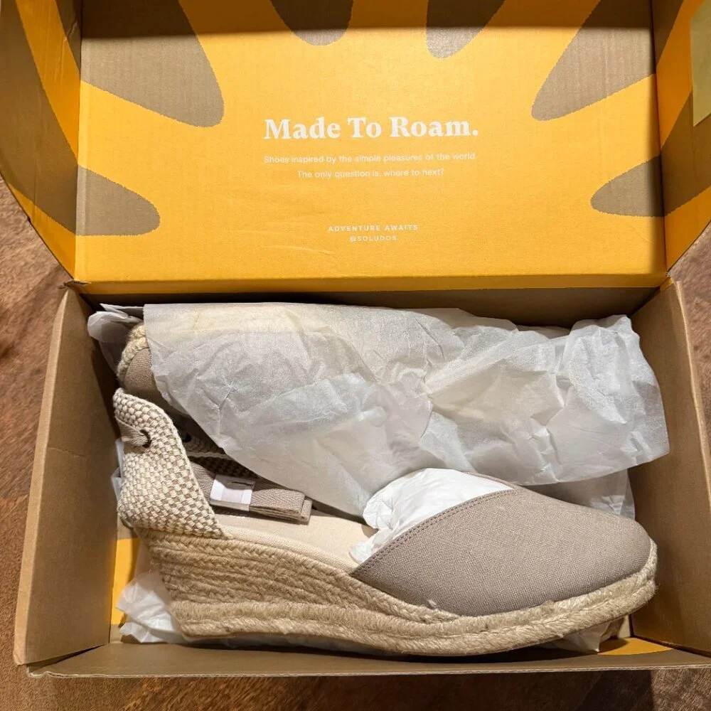 NEW Soludos Taupe Canvas Espadrille Wedge Sandals Ankle Tie Size 11